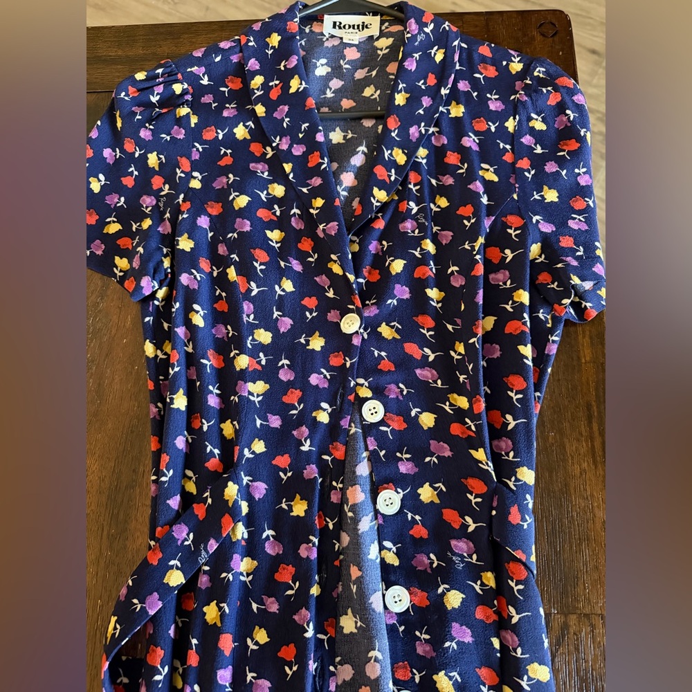 Rouje Marin Navy Floral Button-Front Midi Dress Size 34 - Picture 5 of 7
